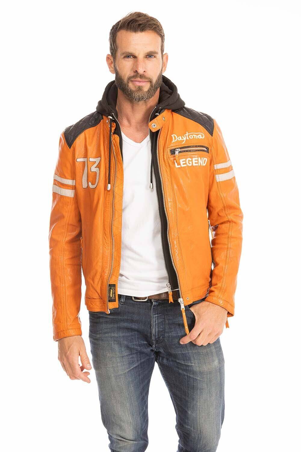 blouson cuir homme orange 102555 style motard a capuche (1)