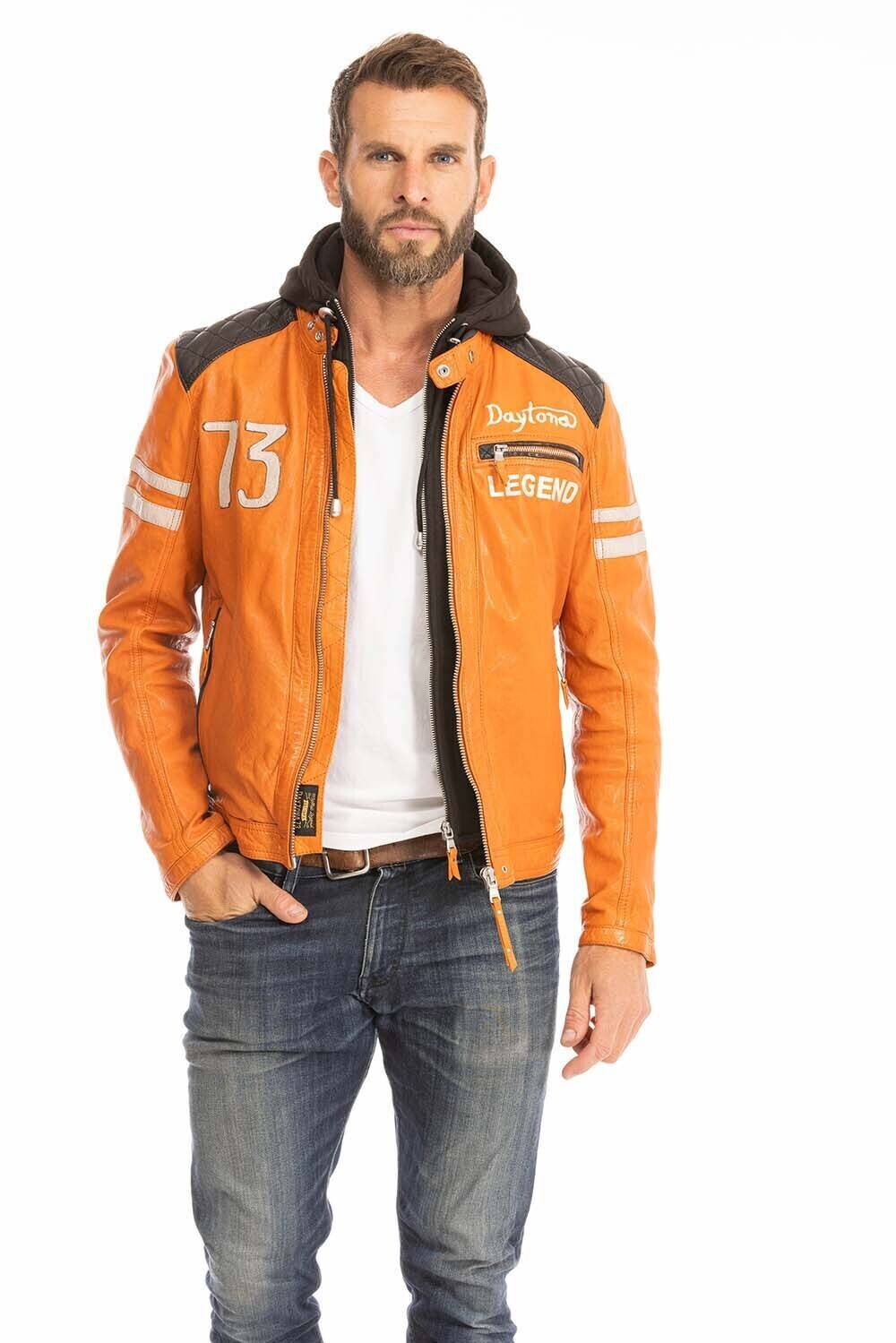 blouson cuir homme orange 102555 style motard a capuche (5)