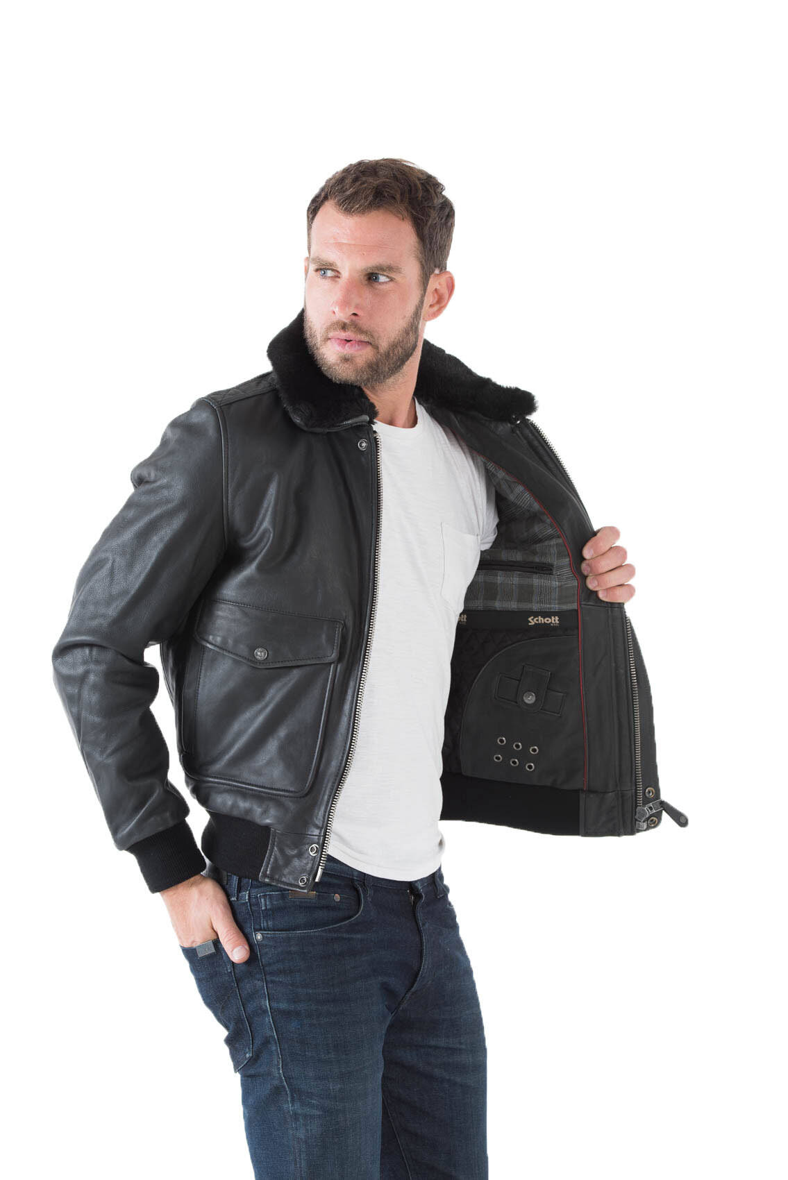 Blouson bi matiere homme schott LC 5331 X style pilote aviateur col fourrure doublure