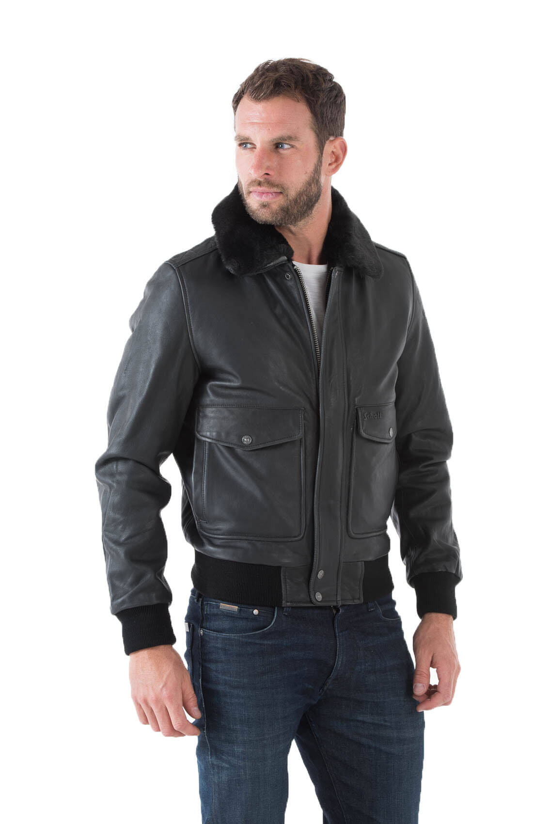 Blouson bi matiere homme schott LC 5331 X style pilote aviateur col fourrure porté