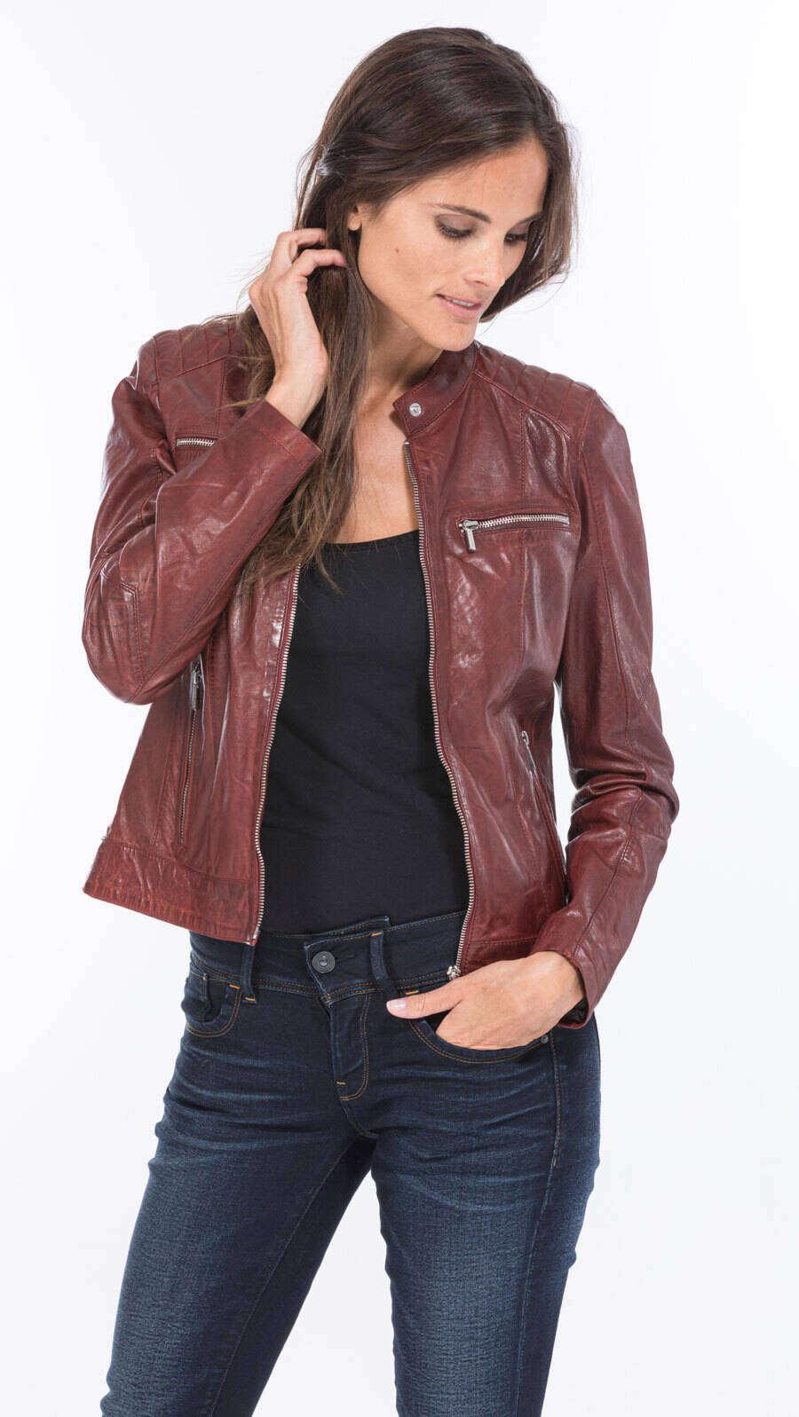 blouson cuir femme agneau rouge 101122 style motard (8)