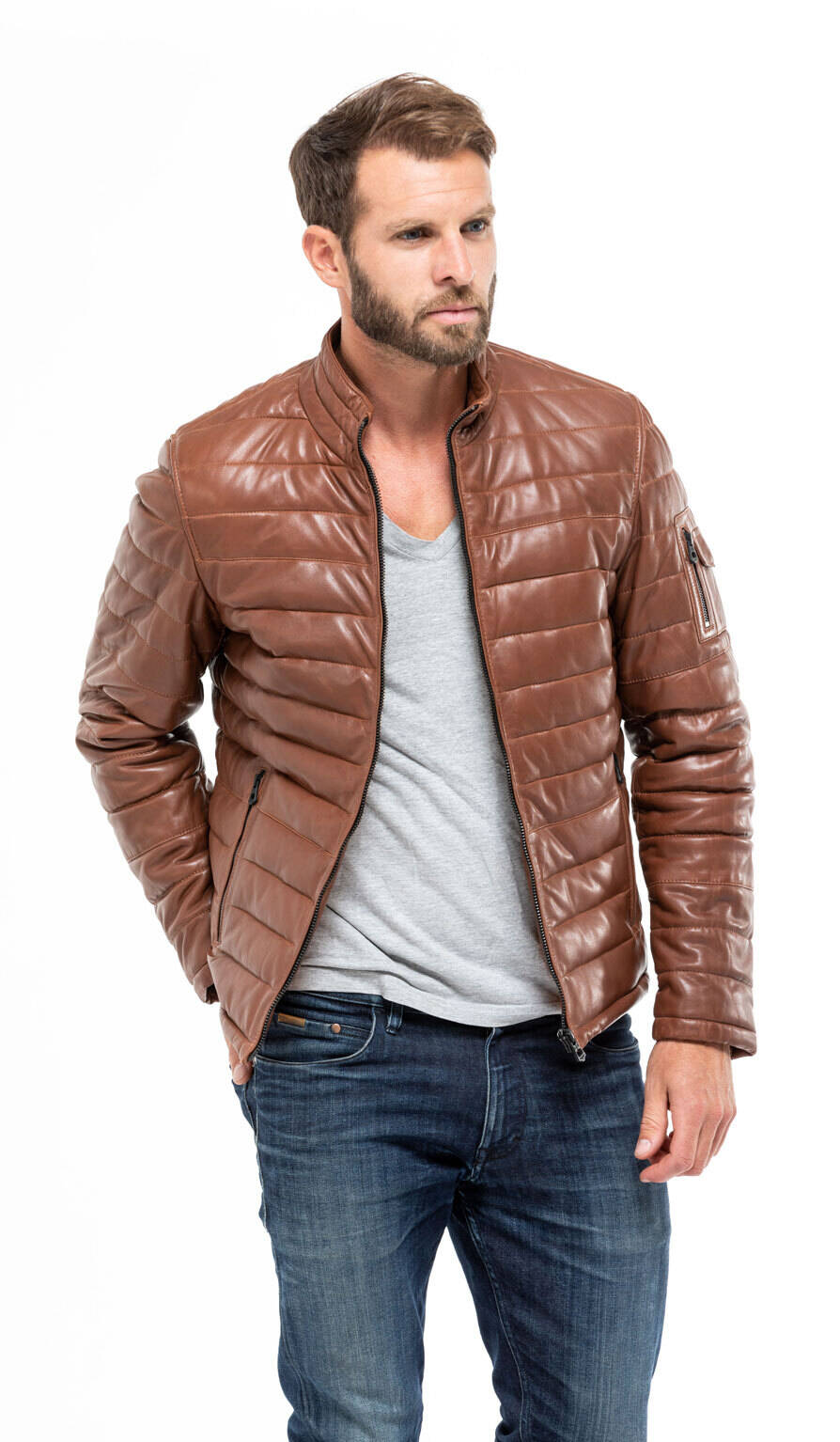 Blouson cuir homme agneau cognac 100973 doudoune mannequin (1)