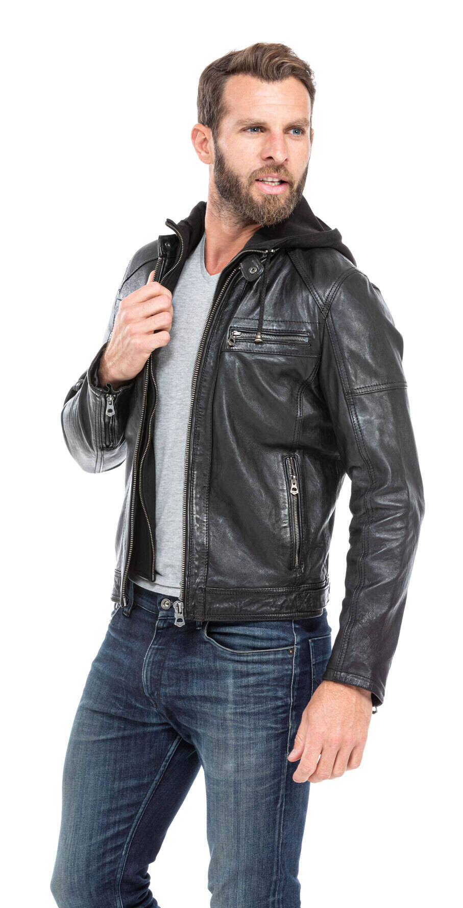 blouson cuir homme agneau noir 101126 capuche (4)