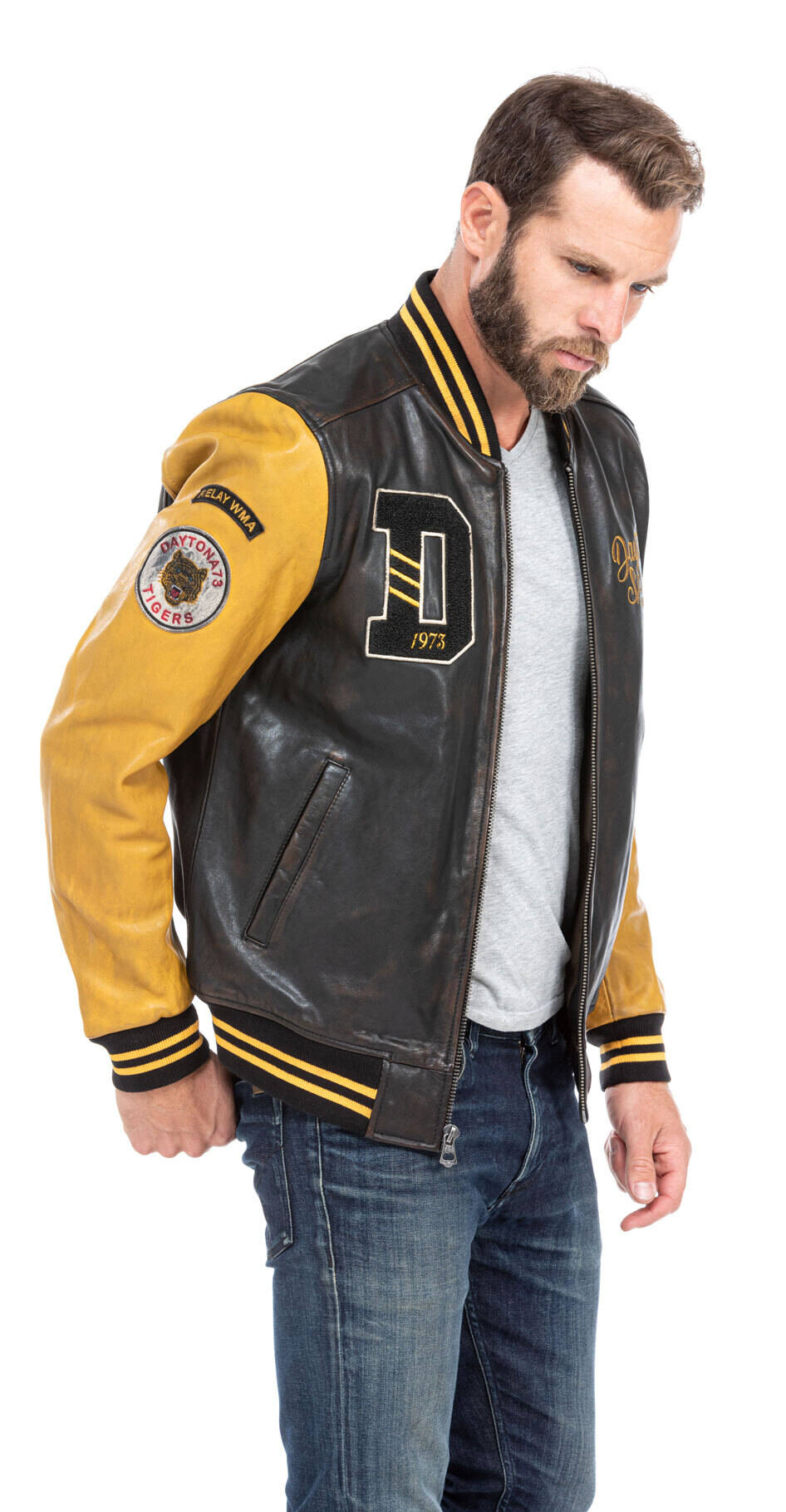 blouson cuir homme daytona teddy noir jaune 101489 (3)