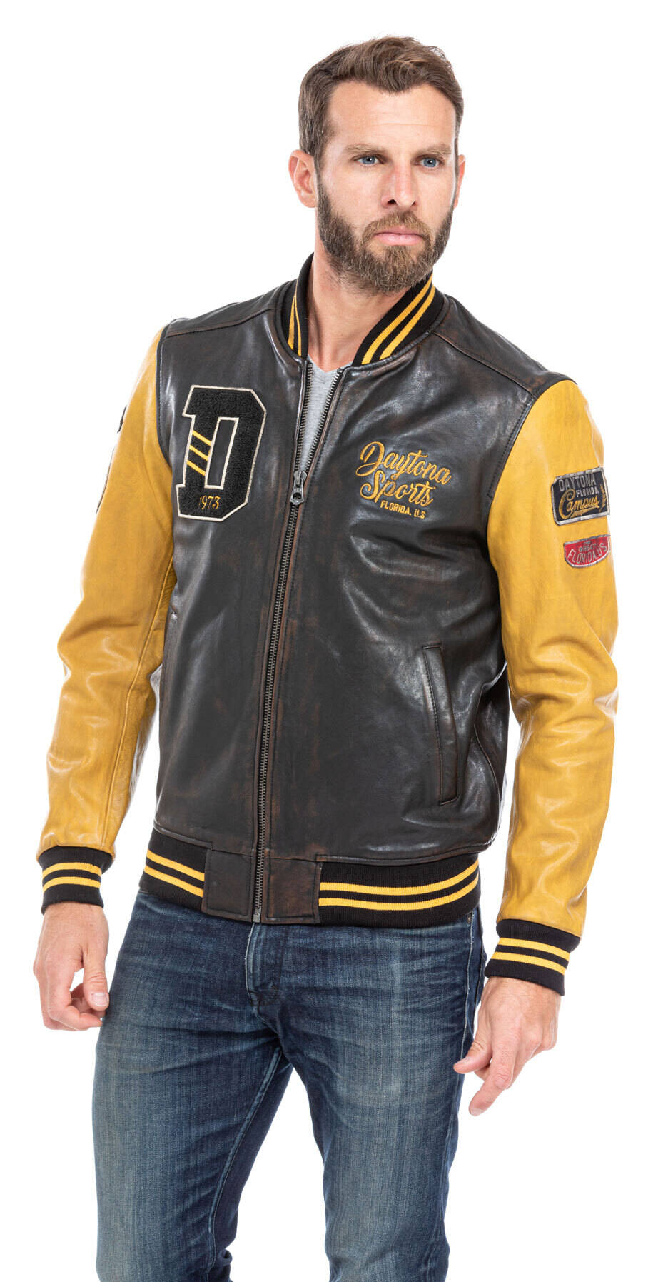 blouson cuir homme daytona teddy noir jaune 101489 (4)