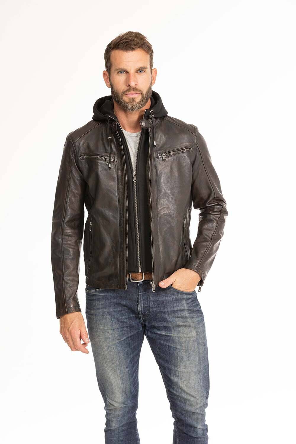 blouson cuir homme noir marron 102944 capuche  (11)