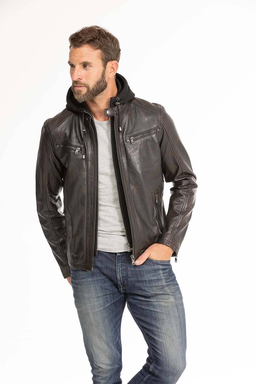 blouson cuir homme noir marron 102944 capuche  (2)