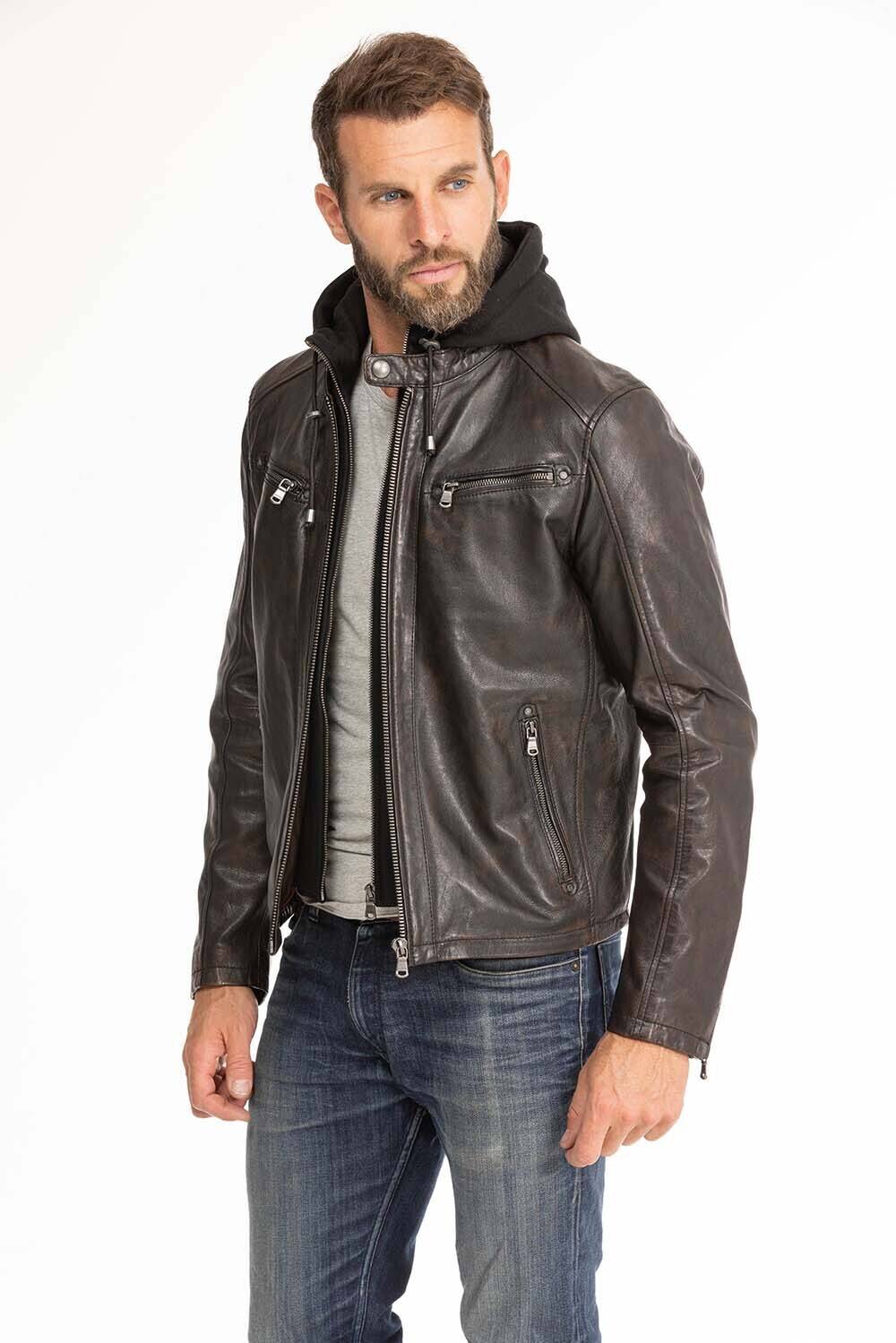 blouson cuir homme noir marron 102944 capuche  (5)