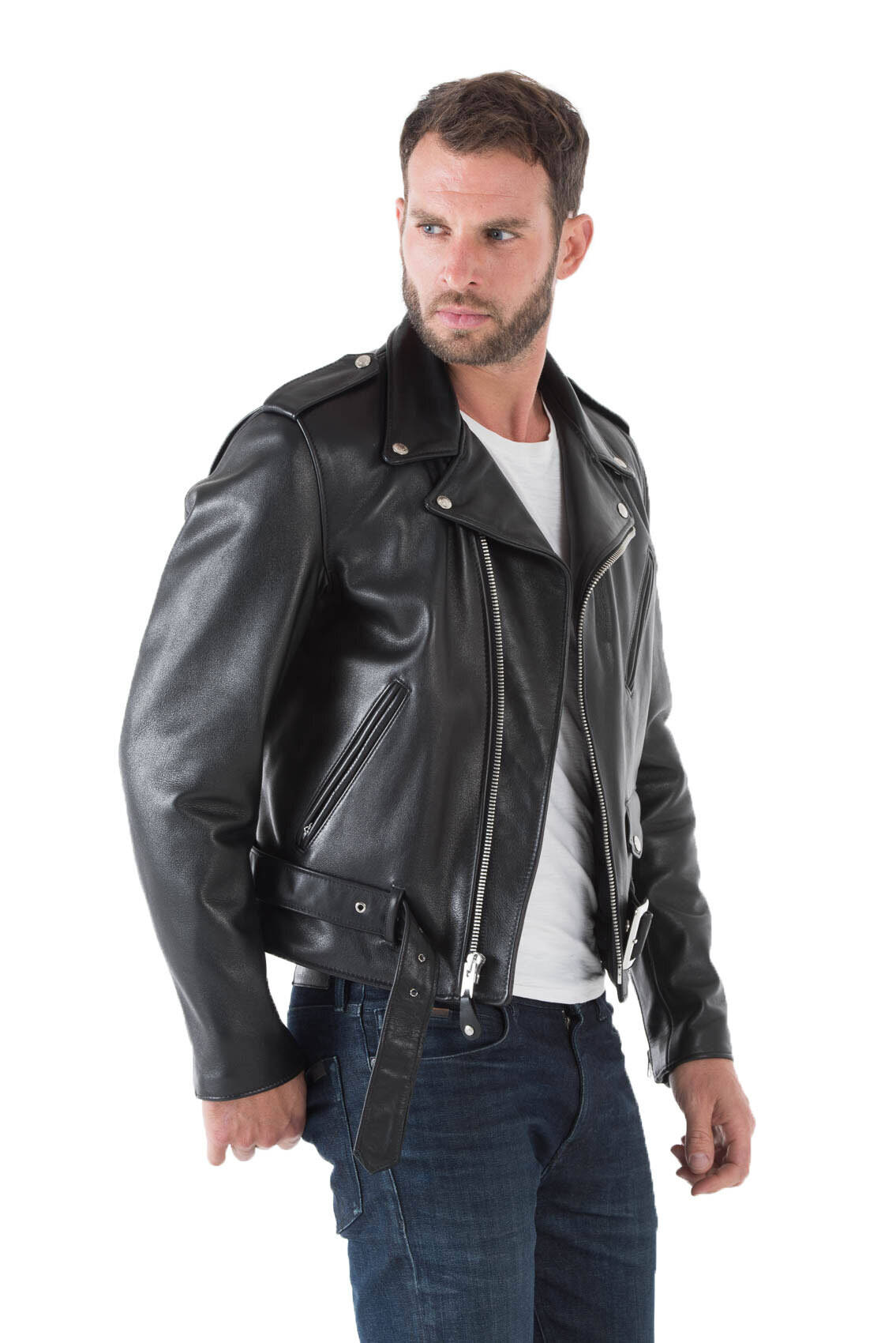 Blouson cuir homme noir schott 118 perfecto cuir à ceinture rigide vachette mythique biais