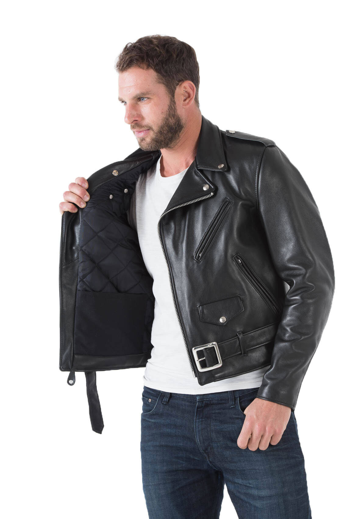 Blouson cuir homme noir schott 118 perfecto cuir à ceinture rigide vachette mythique doublure