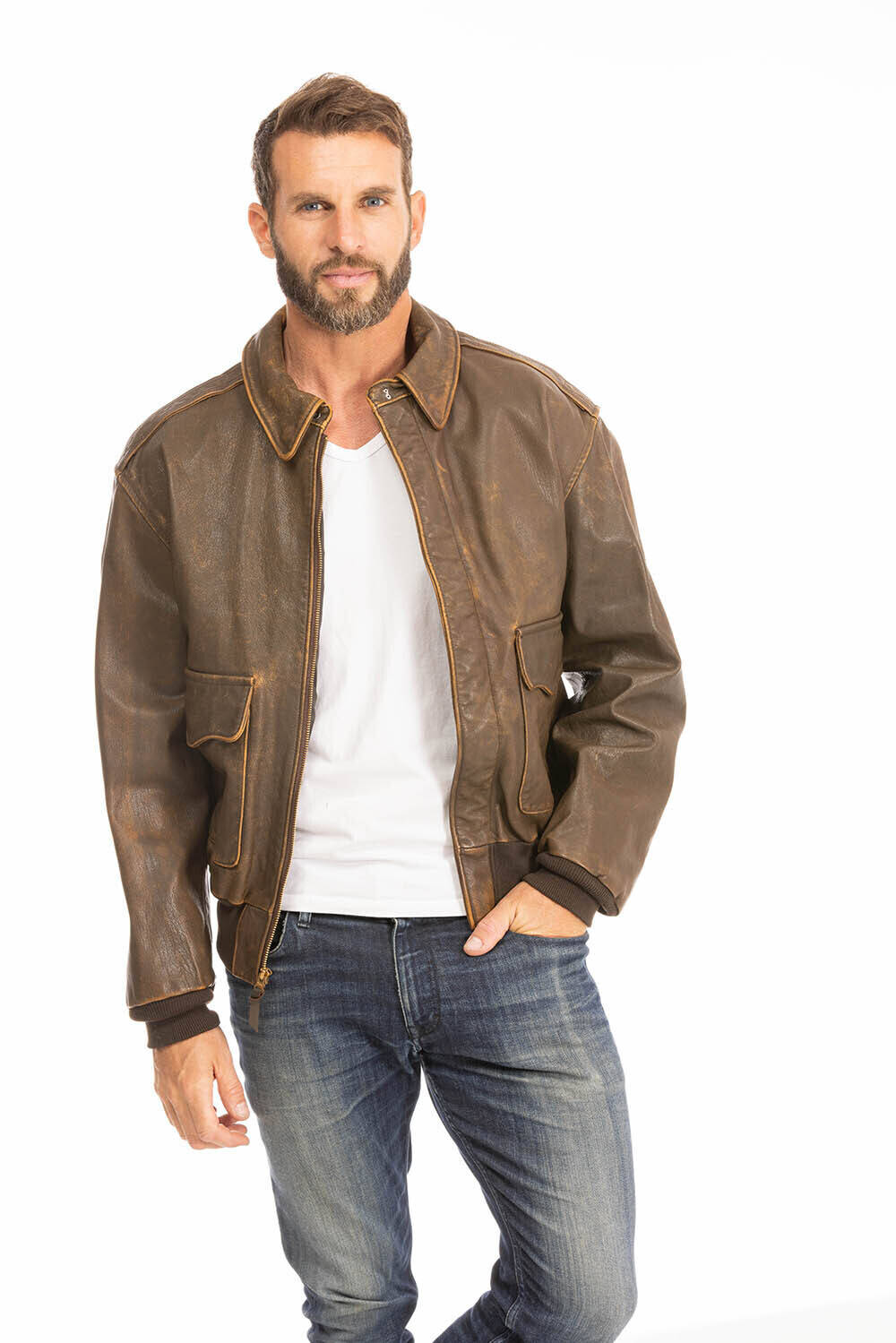 blouson cuir homme pilote aviateur marron vieilli mustang cockpit (1)