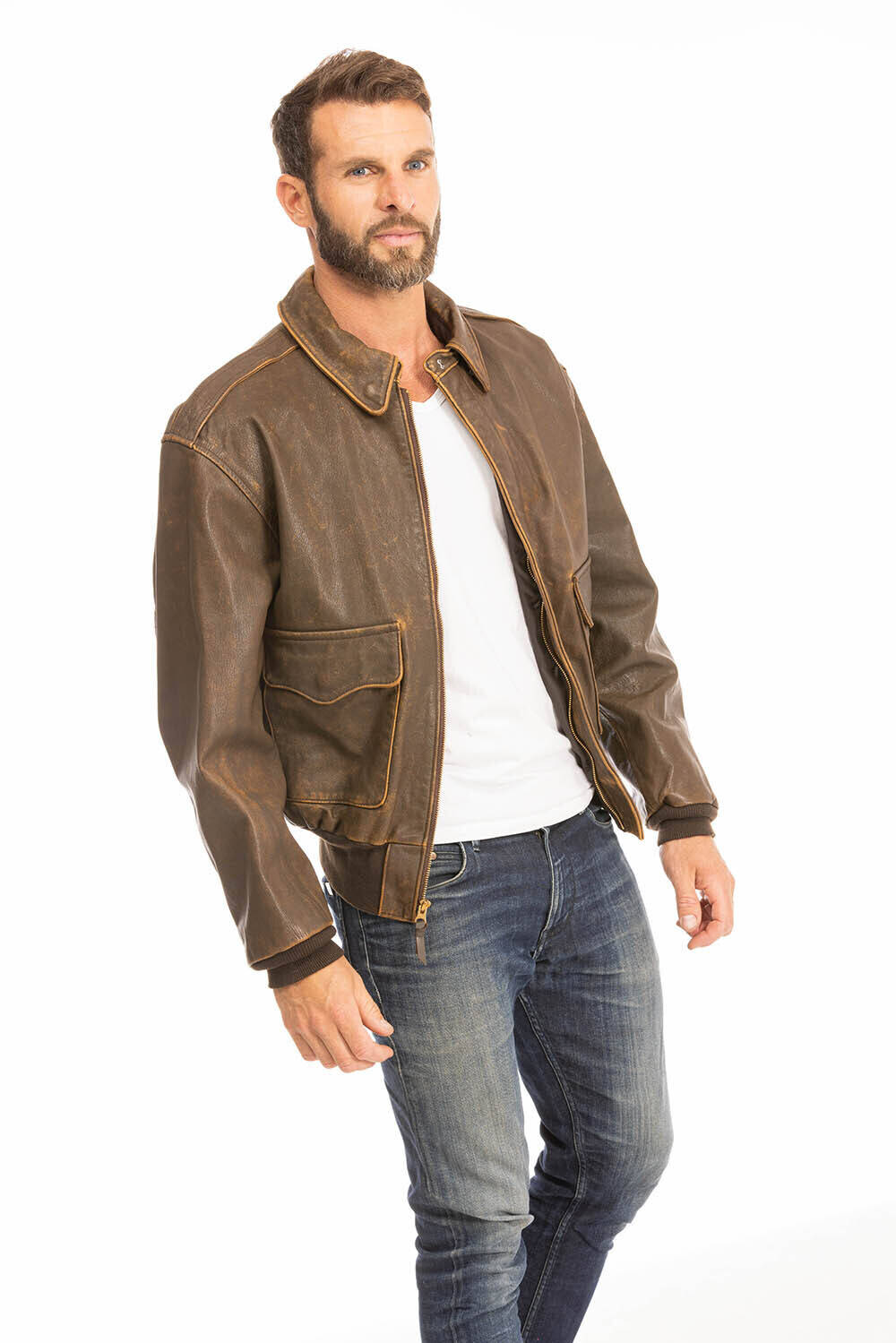 blouson cuir homme pilote aviateur marron vieilli mustang cockpit (6)