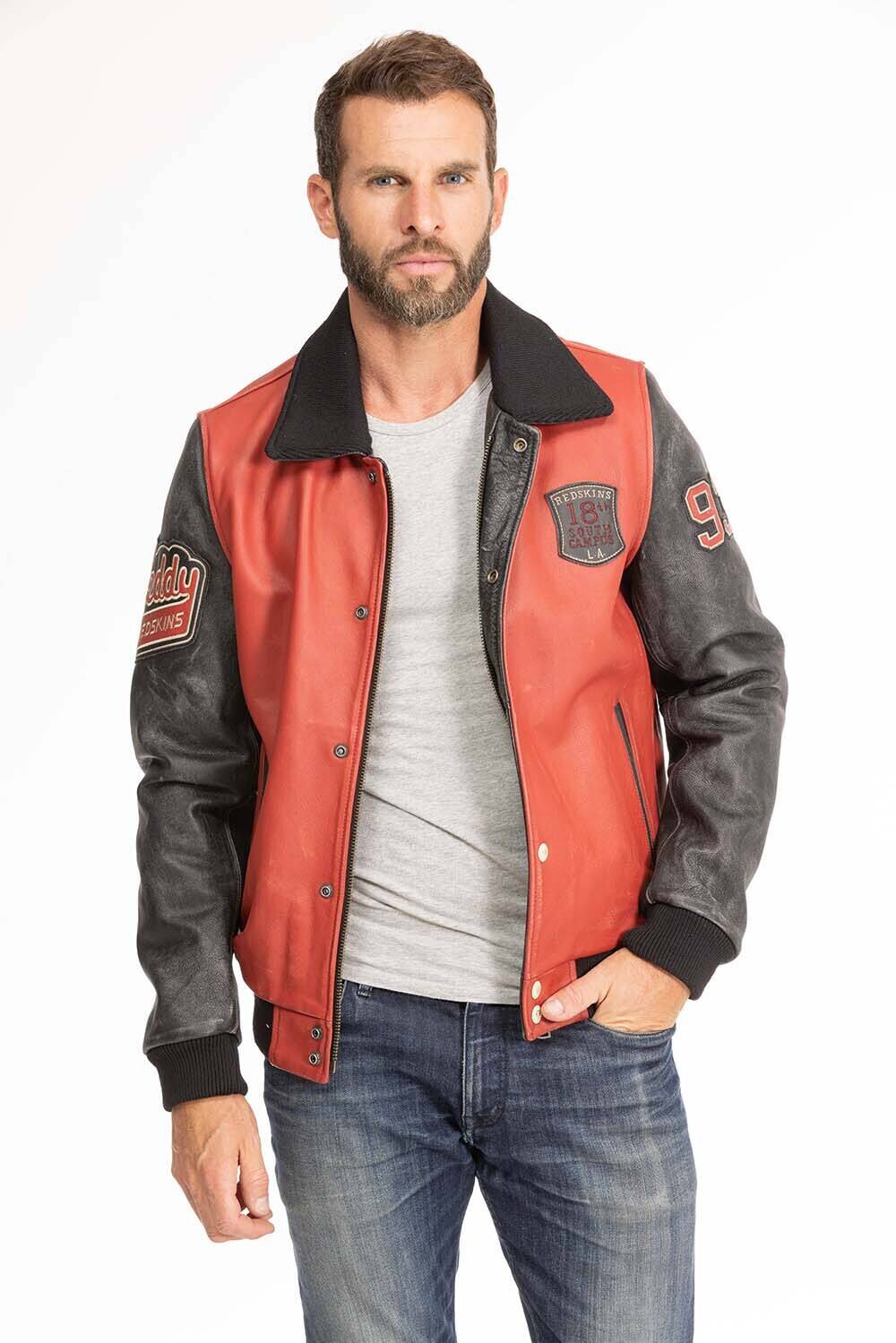 blouson cuir homme redskins noir rouge skateboard col noir (1)