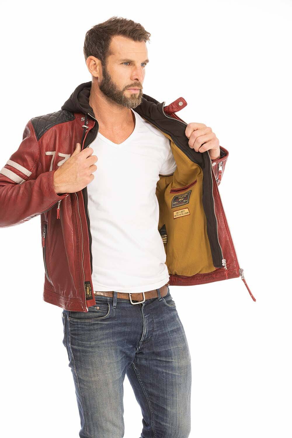 blouson cuir homme rouge 102555 motard capuche (10)