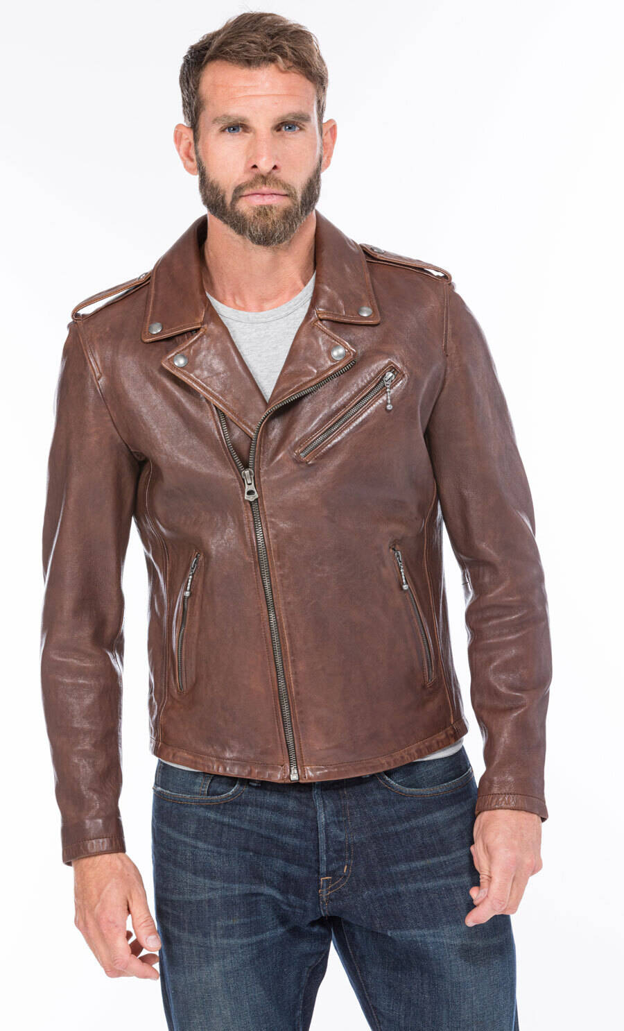 blouson cuir homme style biker perfecto 101485 cognac foncé  (1)