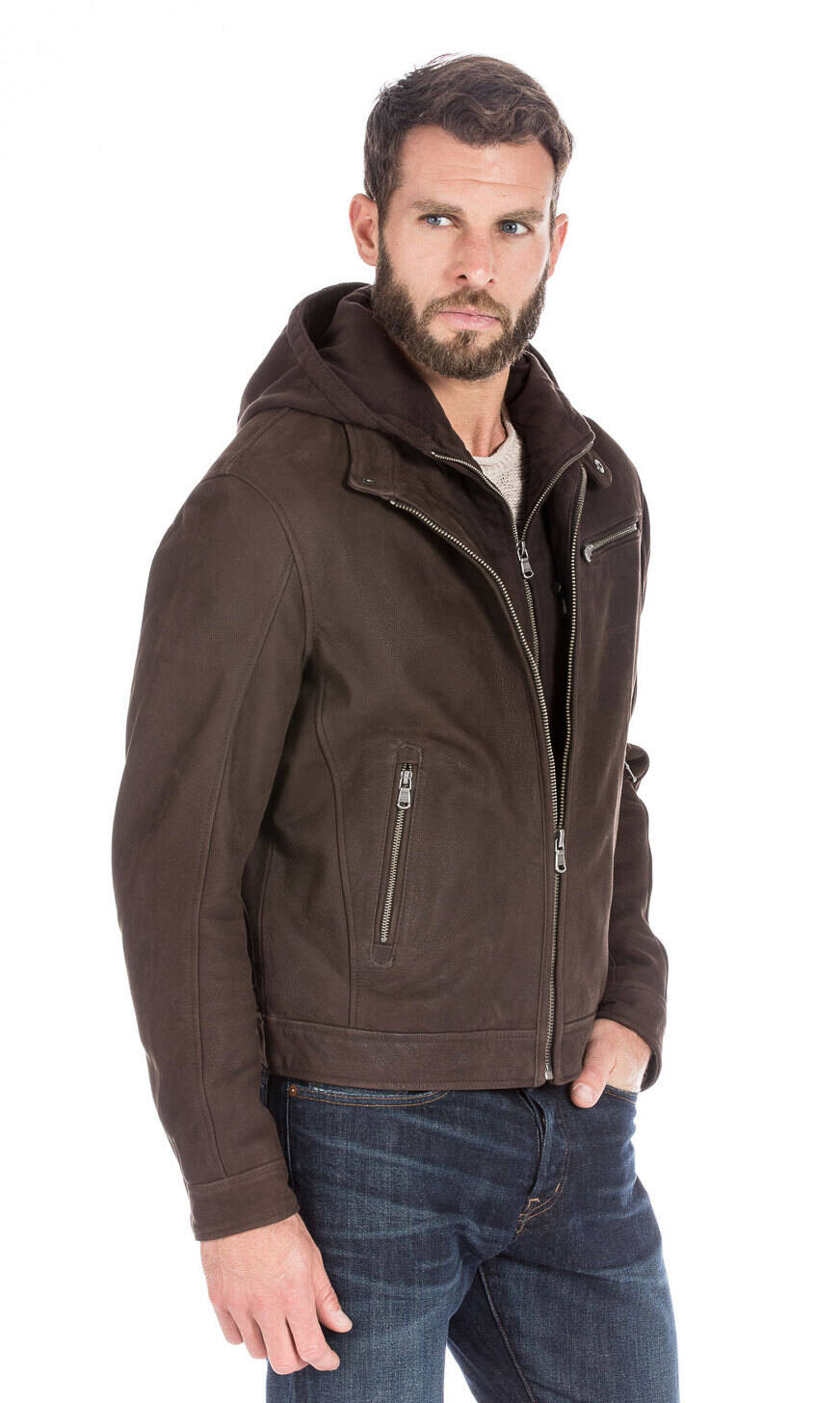 Blouson cuir homme timber marron foncé à capuche 100663-14118