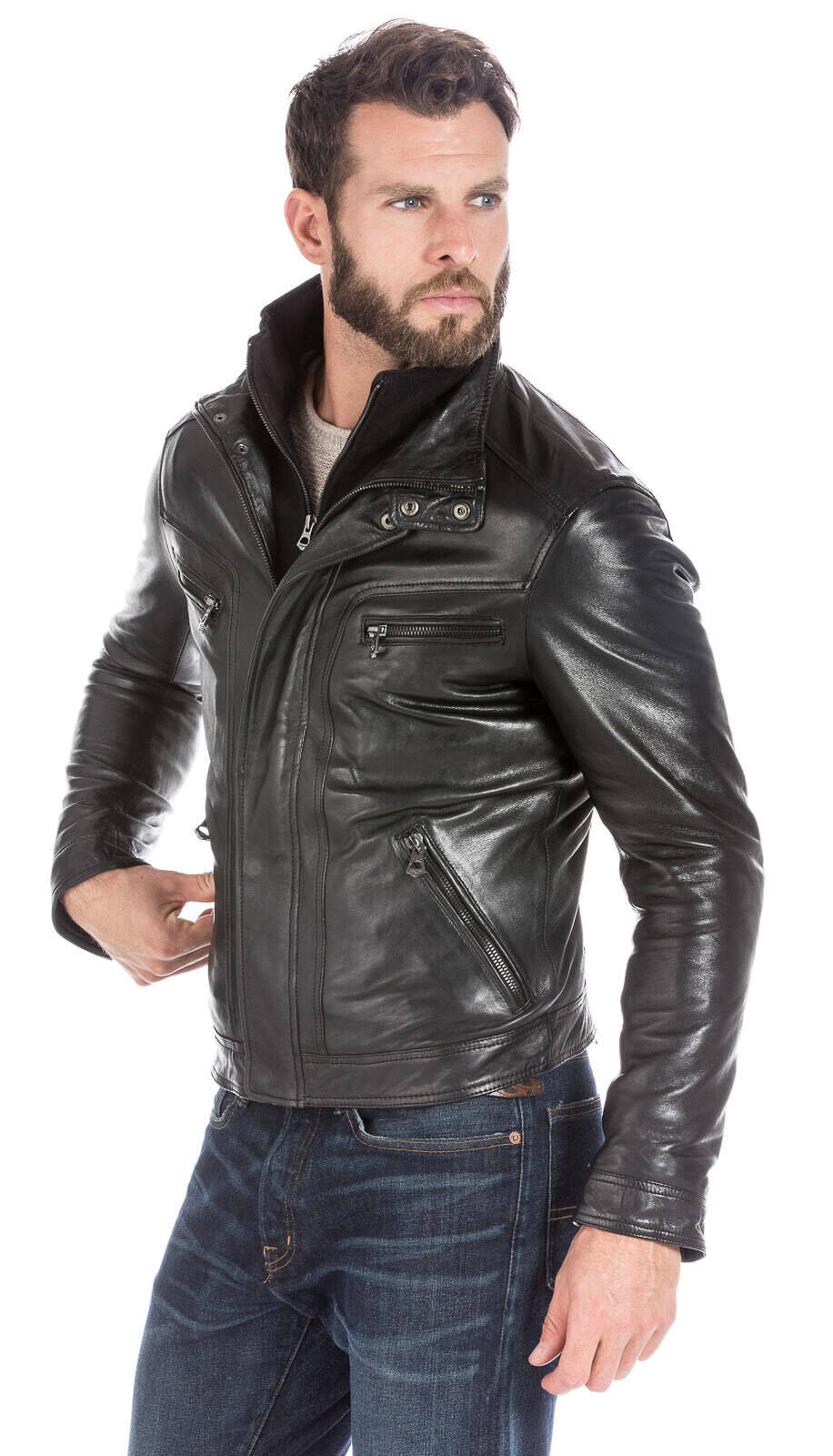 Veste cuir homme noir classique 100737-14164